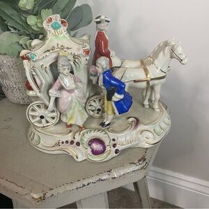 Vintage Hand Painted Porcelain Victorian Carriage Figurine with Colorful Accents